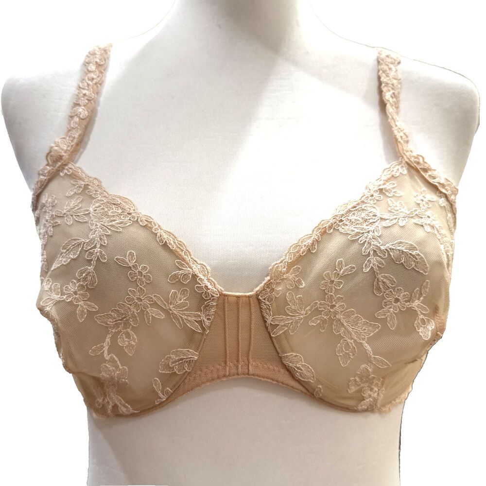 La Perla Bra US 34C Nude Sheer Embroidered Unlined Underwire Logo Strap Italy